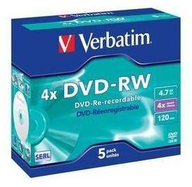 DVD-RW  Re-recordable Matt Silver 4x 4.7 GB - 5 Pack Jewel Case Optical Media 